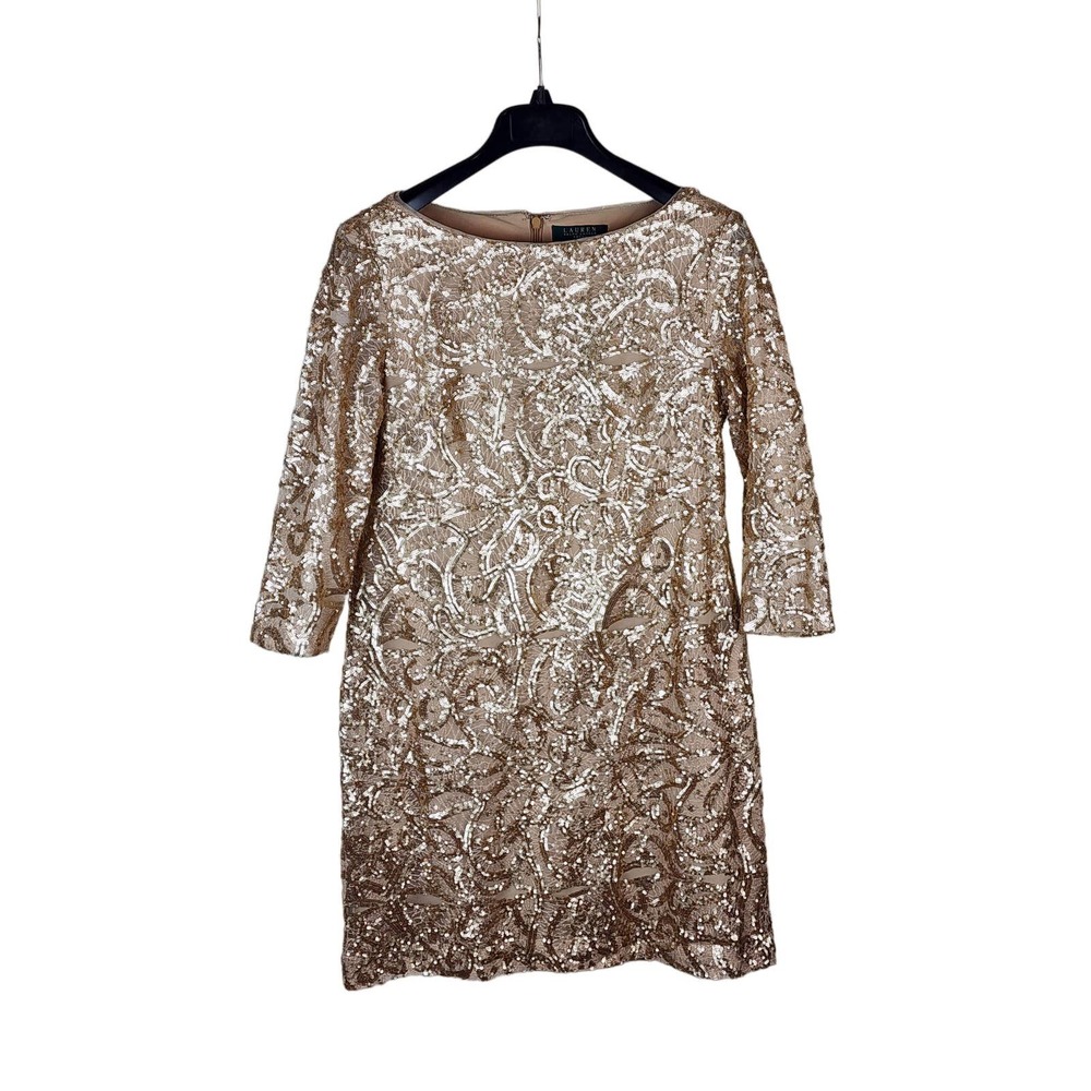 Ralph Lauren 8 Gold sequins Holiday Dress Shift dress 3/4 sleeve